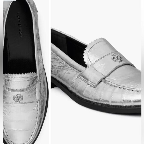 Tory Burch Silver Leather Metallic slip on Loafers/Dust Bag size 6 $358 - Picture 1 of 9